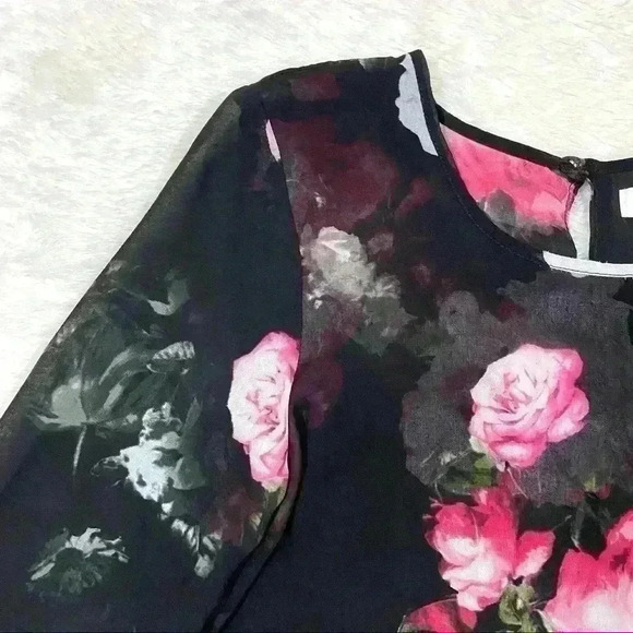 Ellen Tracy Semi Sheer Black Floral Ruffled Blouse - Picture 4 of 13